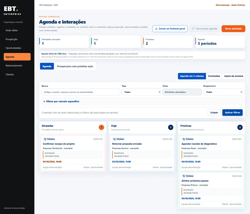 CRM EBT: agenda com atividades fictícias divididas entre atrasadas, hoje e próximas.